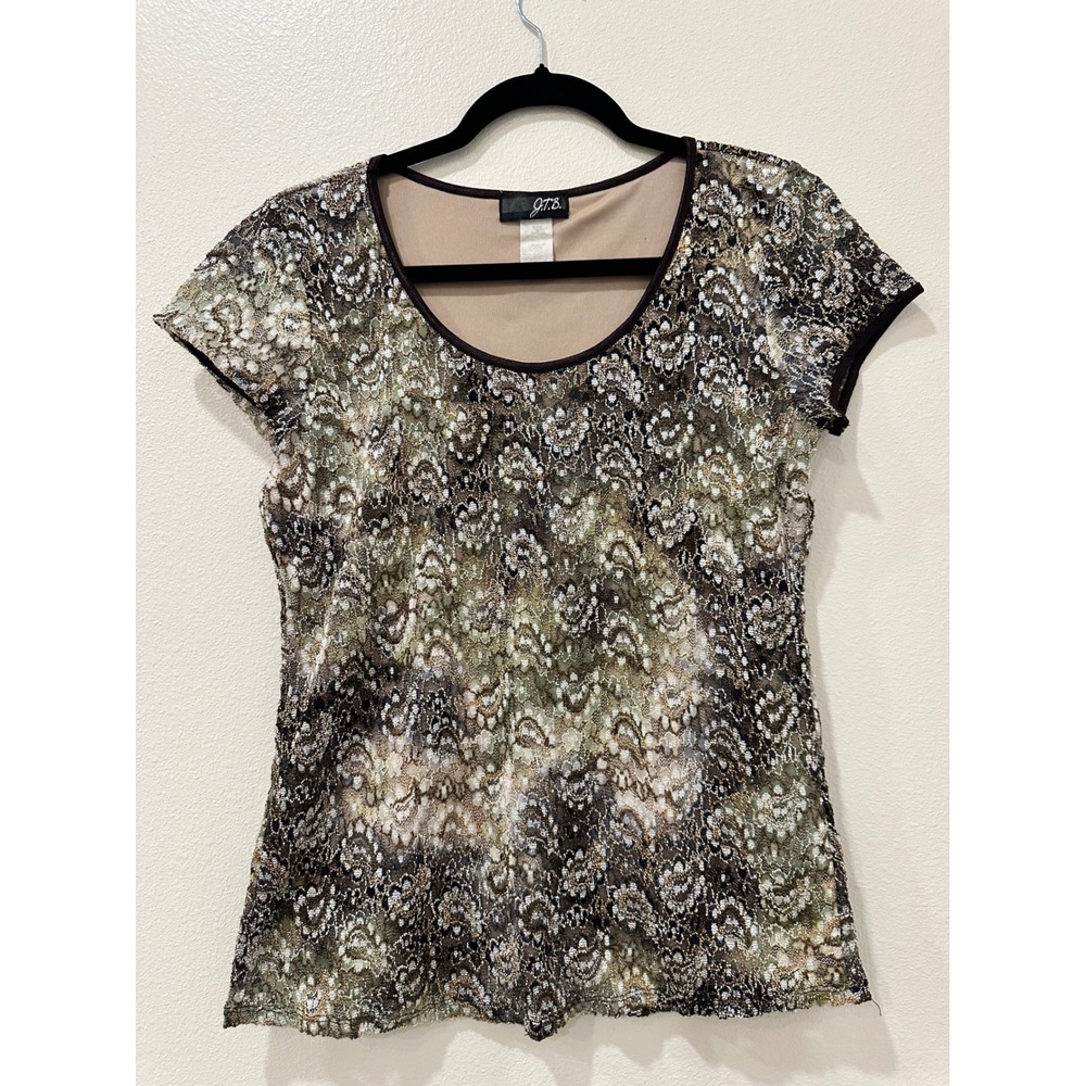 J.T.B. Fairycore Floral Lace Scoop Neck Short Sleeve Top Olive Green Brown XL